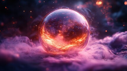 Embrace the enchanting allure of a mystical purple-pink dream ball surrounded by golden shimmering smoke in a fantastical realm of imagination and wonder