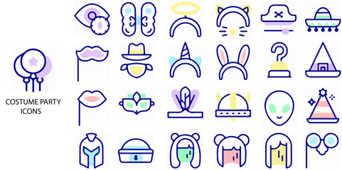 Costume Party simple concept 24 colour icons set. Contains such dj, happy, concert, bar, music, club .Vector illustration.