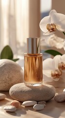 Elegant display of translucent liquid foundation in a minimalist setting surrounded by natural stones and delicate orchid flowers