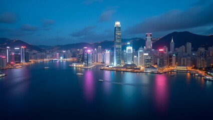 Fototapeta premium Vibrant Hong Kong Cityscape: Time Lapse of Victoria Harbour Skyline