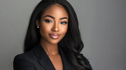 Fototapeta premium A professional portrait of a confident young woman with long hair, wearing a stylish black blazer, showcasing elegance and determination in a modern setting.
