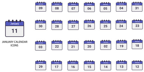 January Calendar simple concept 24 color icons set. Contains such calendar, month, number .Vector illustration.