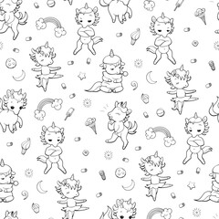 Seamless vector pattern with cute unicorns on white background. Perfect for textile, wallpaper or print design. Design for coloring book.