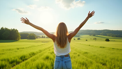 Fototapeta premium Back of Happy Young Woman in Green Field: Embracing Freedom and Outdoor Happiness - Perfect Stock Photo Concept with Empty Space for Your Creative Needs