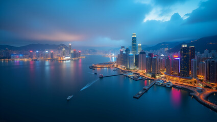 Obraz premium Vibrant Hong Kong Cityscape: Time Lapse Illustration of Victoria Harbour's Urban Skyline and Harbor Activity in a Cute Flat Vector Style for Smart Business Insights