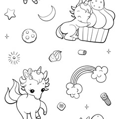 Seamless vector pattern with cute unicorns on white background. Perfect for textile, wallpaper or print design. Design for coloring book.