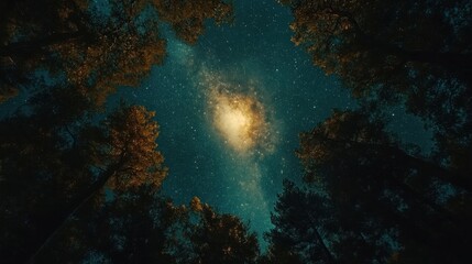 Fototapeta premium Stunning starry sky view through forest trees at night