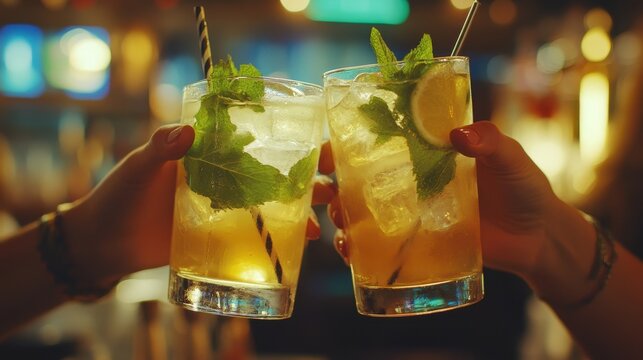 Refreshing mint mojitos with lime and ice in a lively bar setting
