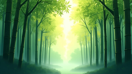 Naklejka premium Serene Watercolor Bamboo Forest with Dappled Sunlight - Perfect for Calming Nature Designs