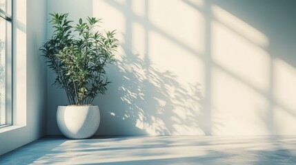 Fototapeta premium Modern interior with potted plant and soft shadows in sunlit room
