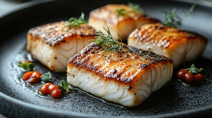 Elegant display of perfectly baked red fish at a gourmet restaurant, showcasing artistic presentation, vibrant colors, and exquisite garnishing on a textured plate