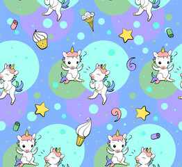 Seamless vector pattern with cute unicorns on vibrant background. Perfect for textile, wallpaper or print design.