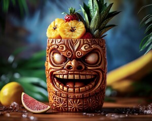 A tiki mug shaped like an angry face, adorned with fruit, set against a tropical beach background, hyper-realistic.