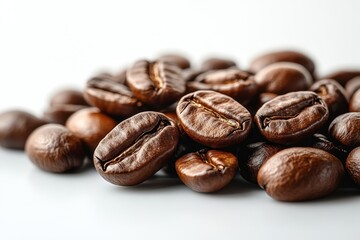 Obraz premium Glistening coffee beans beautifully scattered, showcasing their rich texture and aesthetic appeal against a transparent background