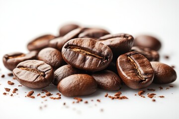 Exploring the beauty of glossy coffee beans scattered artistically on a minimalist background, capturing their rich textures and colors