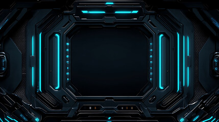 Futuristic Sci-Fi Interior Scene Displaying Blue Illuminated Digital Panels and Complex Structure with Dark Background