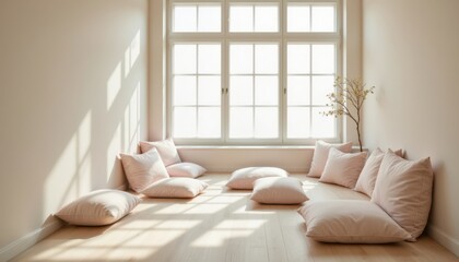 A serene and minimalist room filled with natural light, soft cushions, and calming colors, providing a peaceful atmosphere for reflection and inner stillness.
