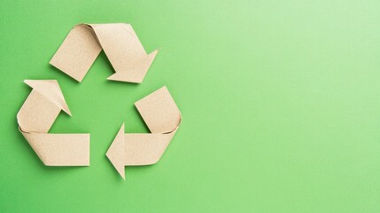 Photo of a recycling symbol made from brown paper on a green background, in a flat lay composition. Web banner with copy space on the right. 