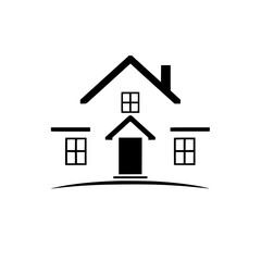 Minimalist Black and White House Illustration with Gabled Roof, Chimney, Windows, and a Curved Base.