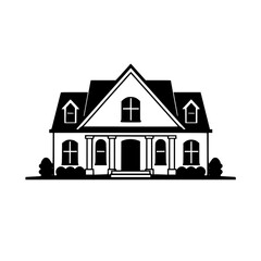 Elegant Black and White Vector Illustration of a Classic Suburban Home with Dormer Windows, Columns, and Landscaping.