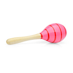 Pink wooden maracas on a white background. Children's musical rattle for games.