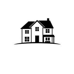 Simple black and white line art illustration of a two-story house with a porch and chimney, set on a slight hill.