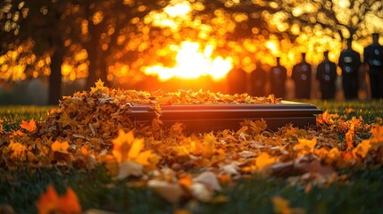 Autumn sunset funeral ceremony, casket amidst fallen leaves