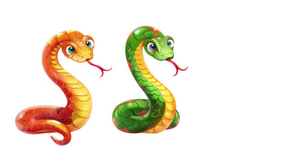 Fototapeta premium Two cartoon snakes sticking out tongue on transparent background
