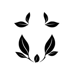Minimalist Leaf Motif: A symmetrical arrangement of black leaves with various groupings against a clean white background, suggesting nature and simplicity.