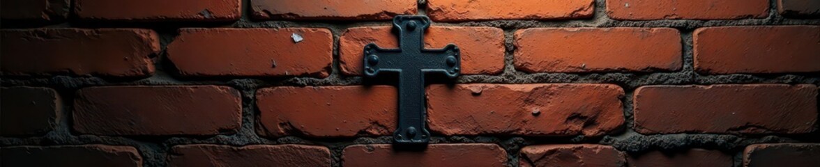 Dark cross etched onto aged brick, shadows deep , cracked, faith, creepy