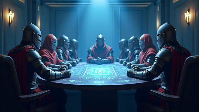 A virtual roundtable of digital knights strategizing defense of cyber realm in digital art illustration concept as Digital art illustration of virtual roundtable featuring digital knights strategizing