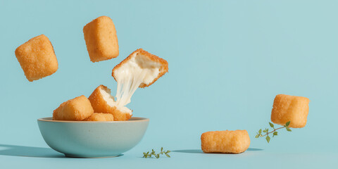 Fototapeta premium Cheese Bites: A delightful display of golden-brown cheese bites seemingly levitating in mid-air, with one cut open revealing its melted cheese, presented on a blue bowl.