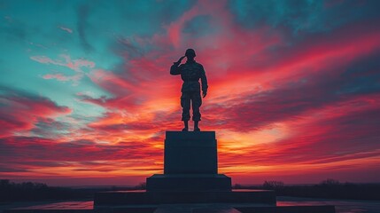 Soldier statue saluting at vibrant sunset memorial