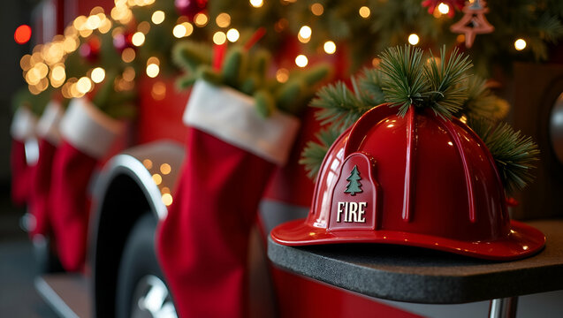 Festive Fire Station Scene: Red Stockings & Firefighter Helmets Adorned with Greenery, Twinkling Lights, and Empty Space for Custom Text - Perfect Photo Stock Concept for Holiday Cheer