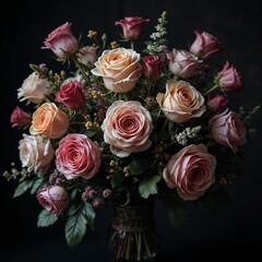 Obraz premium Elegant bouquet of pink and peach roses in moody lighting
