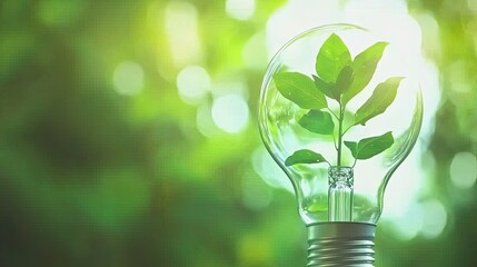 Green energy concept with a light bulb and a plant growing inside on a blurred background, leaving space for text. Clean, green, natural environment. Stock photo with 2/3 space for product advertising