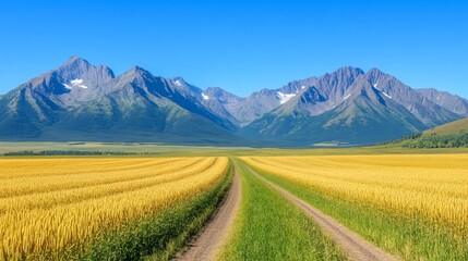Fototapeta premium Golden wheat field leading to majestic mountains under a clear blue sky, serene landscape