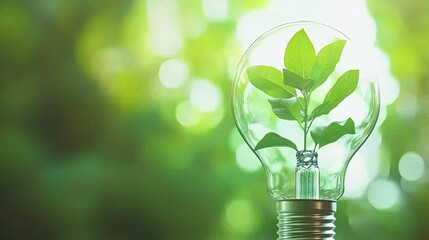 Green energy concept with a light bulb and a plant growing inside on a blurred background, leaving space for text. Clean, green, natural environment. Stock photo with 2/3 space for product advertising