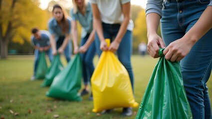 Flat Volunteers Cleaning Park with Garbage Bags: Promoting Charity and Sustainable Development Goals on World Environment Day - A Cute Vector Illustration of ESG Concepts in Action