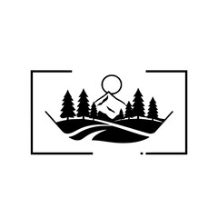 Minimalist Black and White Landscape: Mountain, Trees, Sun, and Road Inside a Framing Rectangle.