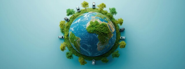 A globe surrounded by electric vehicles traveling across continents.