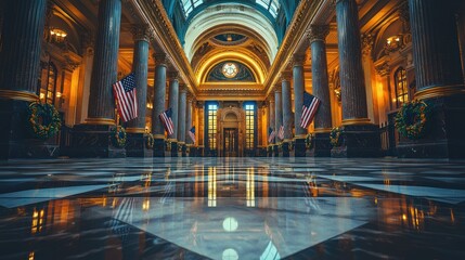 Obraz premium Grand Capitol Interior, marble floor, flags, winter