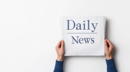 A clean and modern image showcasing a person holding a crisp newspaper titled "Daily News" against a bright white background