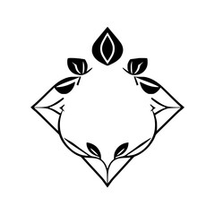 Abstract Black and White Floral Diamond Frame with Leafy Accents and a Center Droplet Shape on a Clean White Background.