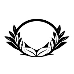 Minimalist Black and White Floral Wreath with Oval Frame and Leaf Embellishments, Isolated on White.