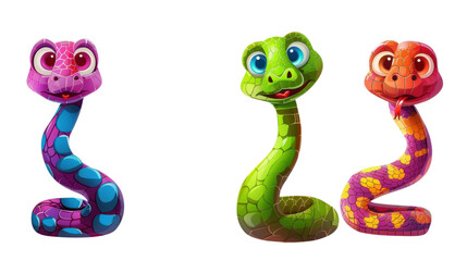 Fototapeta premium Three cartoon snakes posing on transparent background