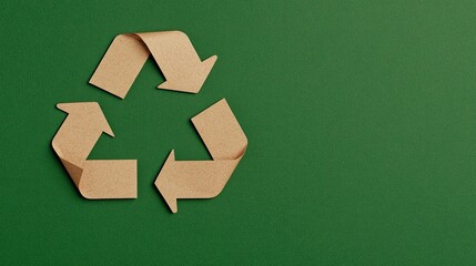Photo of a recycling symbol made from brown paper on a green background, in a flat lay composition. Web banner with copy space on the right.