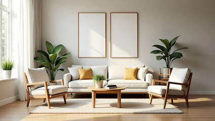 Modern Living Room Decor: Cozy Sofa, Chairs & Plant Pots Illustration