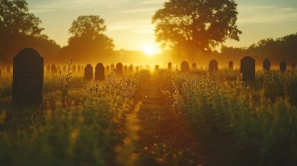 Fototapeta premium Sunrise over misty graveyard, rows of headstones