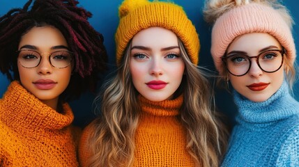 Fototapeta premium Three young women in colorful knitwear and glasses against blue background